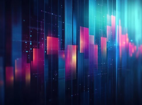 Colorful digital abstract bars and lines forming a futuristic financial or data visualization with glowing vibrant hues in a high-tech environment