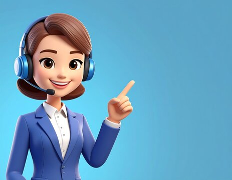 Cartoon customer service rep with headset points to the right against a blue backdrop