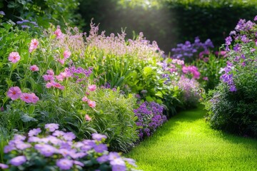 Obraz premium Sunlit garden pathway lined with vibrant pink, purple, and lavender flowers surrounded by lush green foliage creating a serene and peaceful atmosphere