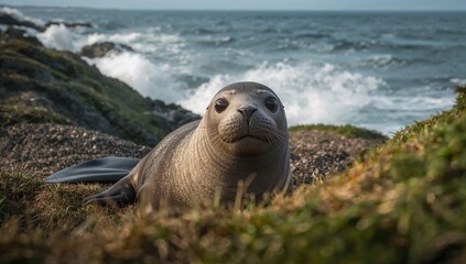 Grey seal resting on the shoreline, erosion risk