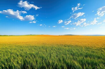 Fototapeta premium Expansive golden wheat field under a bright blue sky with scattered white clouds during a sunny day