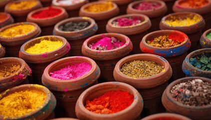 Fototapeta premium Colorful clay pots filled with vibrant hues of yellow, pink, red, and green, showcasing a festive atmosphere, Happy Holi