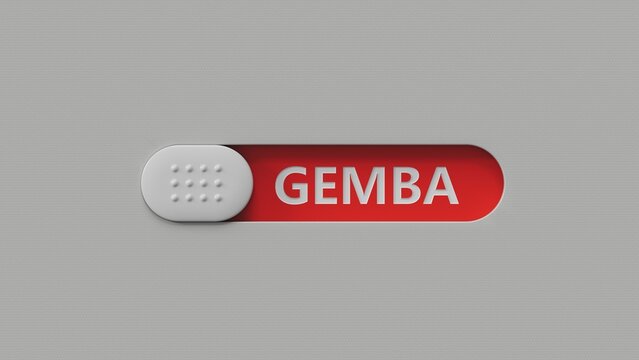 Word gemba. Wooden small slide switch spelling with letters with copy space available.close up of slide switch spelling,Business Concept.3D rendering.