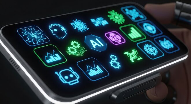 Explore dynamic AI powered applications on a sleek digital device, glowing neon icons hinting at innovation, technology, and the future of data analysis and automation in the palm of your hand