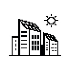 Fototapeta premium Pixelated Buildings with Windows and Rooftop Detail Under a Geometric Sun
