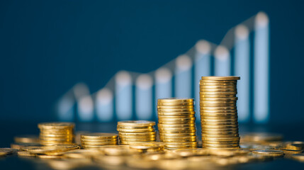 Pilhas de moedas sobre gráfico financeiro simbolizando economia, lucro, crescimento, investimento e planejamento financeiro estratégico