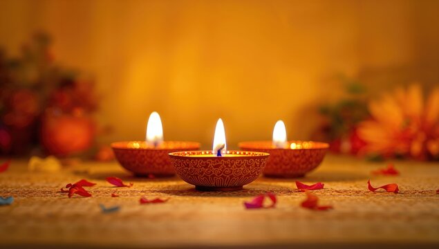 Diya lamps illuminated for the Diwali festival, symbolizing light and joy