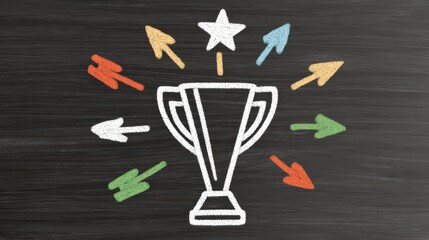 Creative chalk drawing of a trophy surrounded by colorful arrows and a star on a blackboard background conveying success and achievement