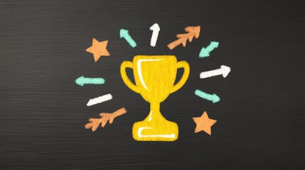 Bright Hand-Drawn Trophy Illustration with Arrows and Stars on Dark Background for Achievements and Success Themes