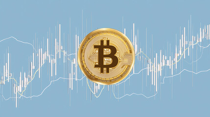 Golden bitcoin beside an ascending graph line reflecting bullish movement, crypto appreciation and optimistic digital asset financial performance