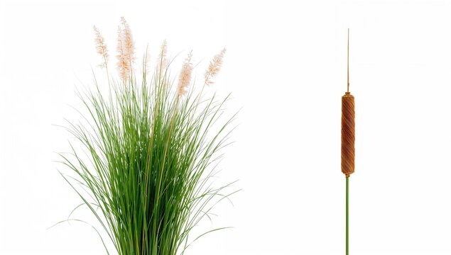 Cattail and reed plants isolated on a white background, ideal for professional composition