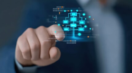 Business Professional Interacting with Virtual Network Interface and Data Flow Representation in Modern Office Setting