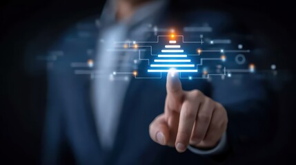 Business Professional Touching Virtual Control Panel with Digital Pyramid Design and Futuristic Interface in Dark Background