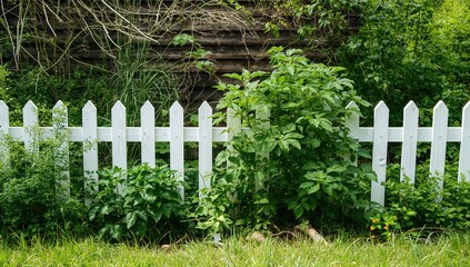 Naklejka premium Vibrant vegetable patch enclosed by a classic white fence, set against a wooden backdrop that enhances the farm's natural, rustic atmosphere where fresh produce like tomatoes, squash, and zucchini