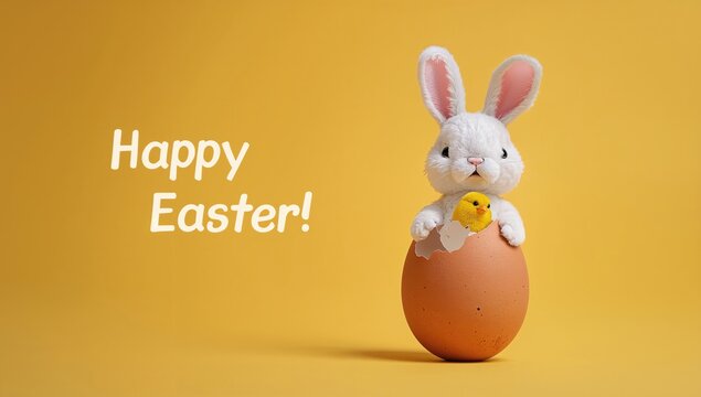Easter Bunny perched on a cracked eggshell with a chick emerging, joyful springtime theme