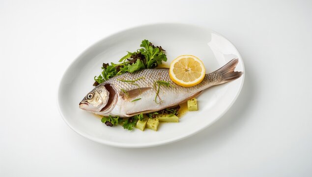 Boiled fish served with lemon and vegetables on a white plate, protein-rich meal, summer