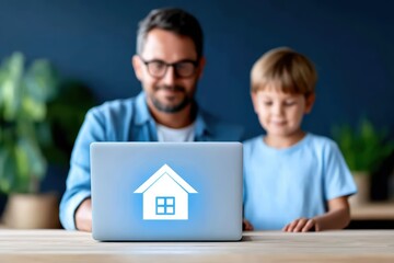 Father and Son Engaged with Laptop Featuring House Icon in Bright, Modern Home Environment