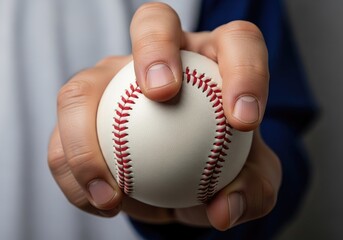 Baseball Player Hand Gripping White Baseball Red Stitching Close Up View Sport Game Pitcher Catcher Athlete Detail Focus
