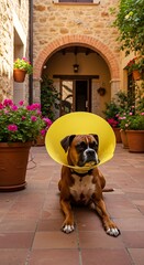 Boxer dog wearing a yellow cone in a picturesque courtyard.