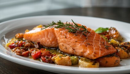 Tasty serving of fresh salmon steak accompanied by fragrant herbs, spices, and veggies - concept of nutritious eating and cooking