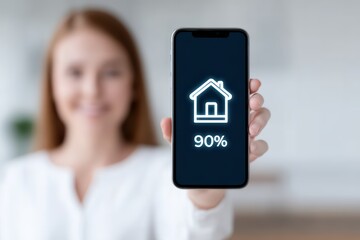 Young Woman Holding Smartphone Displaying Home Icon and 90 Percent Indicator in Minimalist Interior Setting