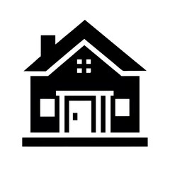 Simple black silhouette of a house with a chimney and windows