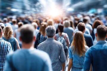 Fototapeta premium Crowd walking towards bright light in a bustling city during the day