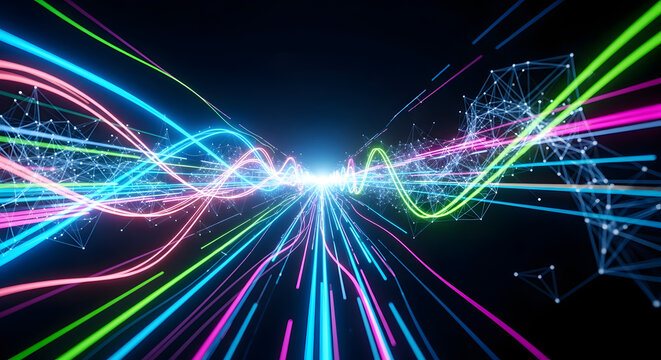 Dynamic streaming data visualization with glowing neon lines, perfect for illustrating high speed internet, networks, or future technology concepts