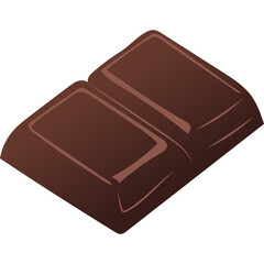 A single piece of dark brown chocolate bar with two segments shown in isometric view on a transparent background perfect for food and confectionery designs