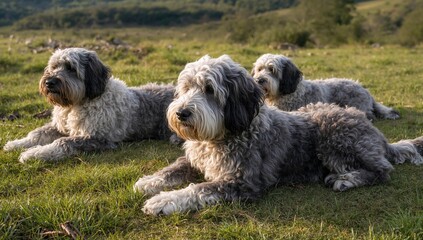 Fototapeta premium Adult Bergamasco Sheepdogs Resting on Grass