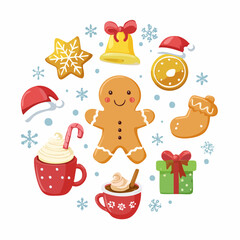 Naklejka premium Adorable Kawaii Christmas Icons Set Gingerbread Man, Hot Cocoa, Santa Hat, Bell, Gift, and Sweet Cookies for Festive Seasonal Decorations and Winter Cheer