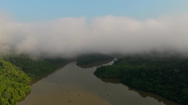 Murky dam lake surrounded by dense green forest and low fog at El Carrizo, Mexico