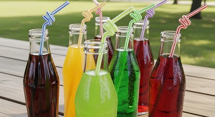 Colorful Refreshing Drinks in Glass Bottles with Straws.