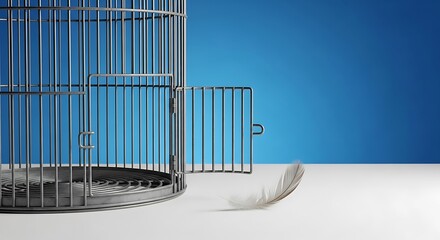 Obraz premium birdcage door open with small feather nearby