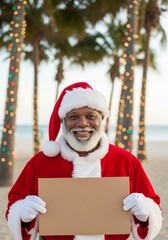 Obraz premium Santa Claus holding blank sign on tropical beach with decorated palm trees and festive lights during daytime
