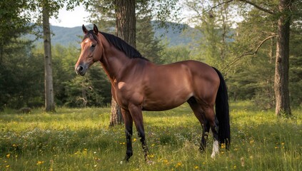 Fototapeta premium Arabian horse in wooded area, showcasing natural habitat and tranquility