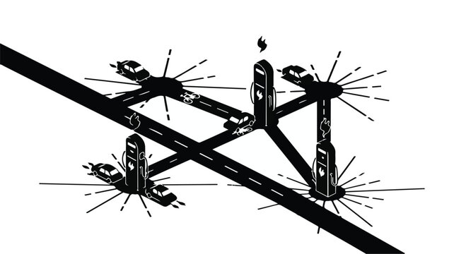 Futuristic smart city intersection with autonomous vehicles and charging stations