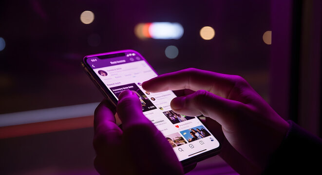 Engaged in digital connection, mobile gaming streamer interacts with vibrant purple interface, feeling the energy of online community at night in the city