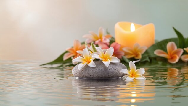 Spa still life featuring stones and frangipani flowers with a candle, promoting relaxation and self-care