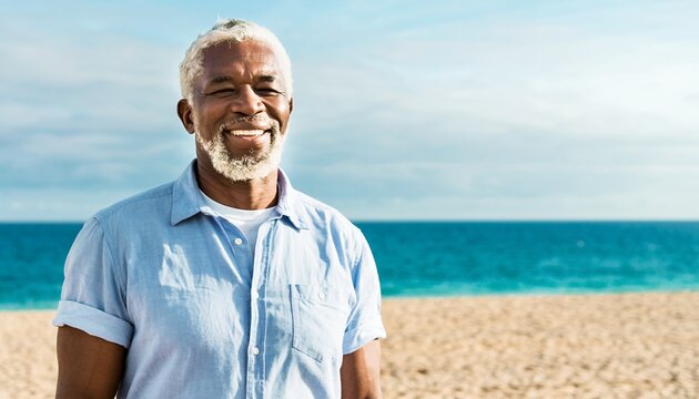 Older Man with Gray Hair and Beard Smiling on Beach in Casual Light Blue Shirt