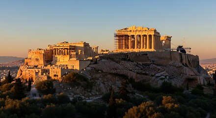 Fototapeta premium Ancient Acropolis of Athens with Parthenon Temple at Golden Hour Sunset.