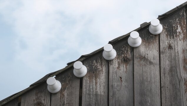 Four white ceramic fasteners for electrical wiring positioned diagonally on an aged structure, showcasing potential maintenance challenges