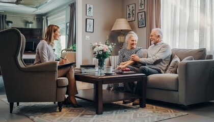 Elderly Couple Sitting on Sofa During Therapy Session with Therapist in Living Room