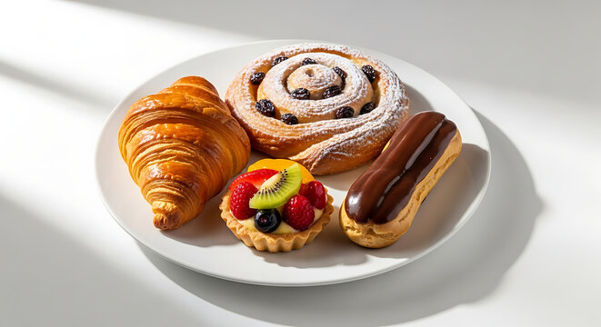 Assorted pastries on a white plate including croissant danish fruit tart and chocolate eclair dessert