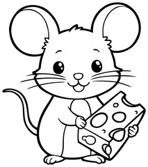 Mouse and Cheese Coloring Page for Kids. Editable Color Vector