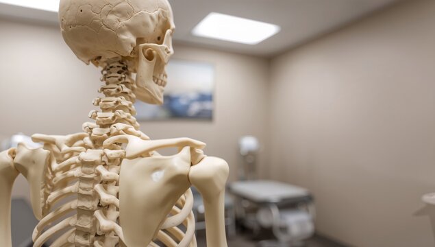 Detailed view of a human spine skeleton model, educational tool for medical training, ideal for academic presentations