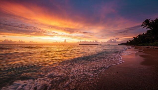 Dramatic long exposure of a tropical sea and sky at sunset, showcasing seasonal change - Powered by Adobe