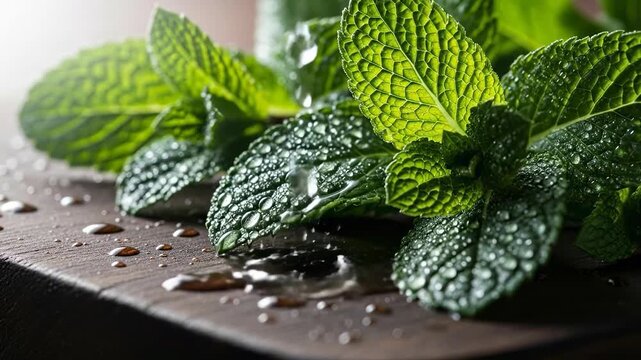 Fresh Mint Leaves with Water Droplets on a Wooden Surface.