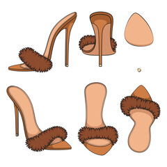 Set of color illustrations with brown clogs, sandals with heels, fur. Isolated vector objects