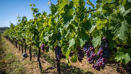 In the summer sun, Napa's vineyards display lush green leaves and ripe grapes, highlighting a bountiful harvest